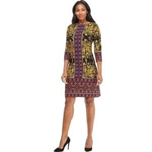 💃 London Times Mara Shift Dress – Geo Black Gold Paisley Print | Size 1X